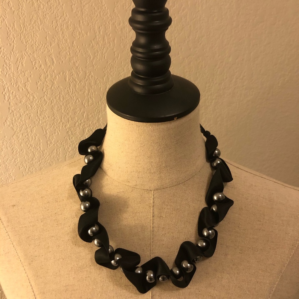 Black Silk Ribbon Necklace with Silver Pearls